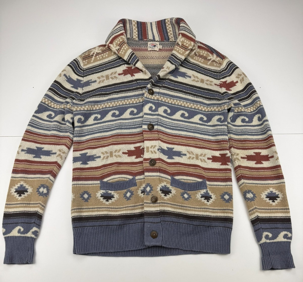 Faherty Mens M Sun Wave Intarsia Cardigan Sweater Southwestern Shawl Collar